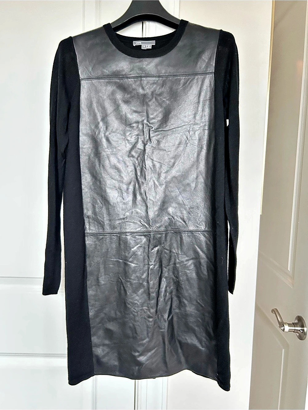 Vince Black Lamb Leather Paneled Long Sleeve Wool Midi Dress
